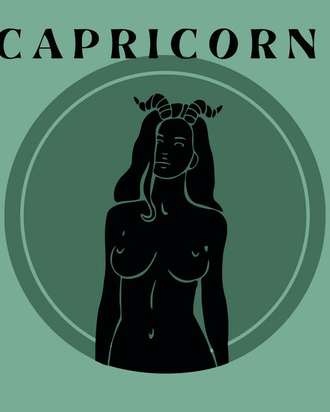 Minimalist Capricorn zodiac painting featuring a mystical woman with horns