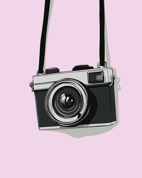 Vintage camera illustration with black strap on pastel pink background