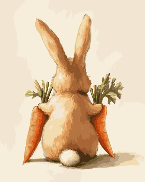 Carrot Keeper Paint by Numbers Kit featuring a fluffy bunny sitting with its back turned, holding two bright orange carrots.