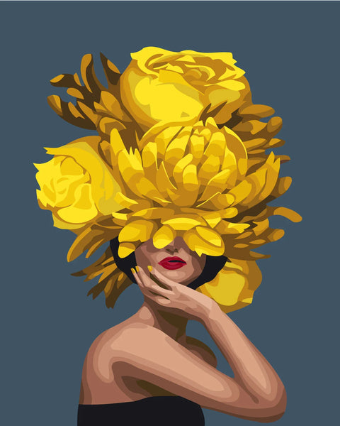 Stylized portrait of a woman with yellow floral headpiece
