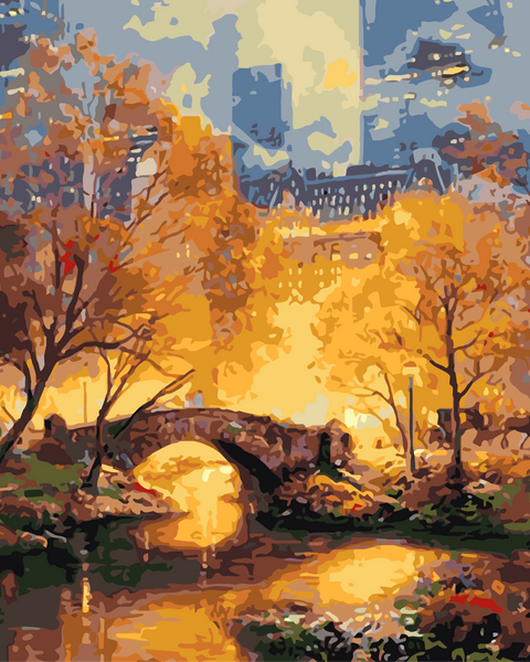 Autumn city park painting with bridge trees and glowing lights
