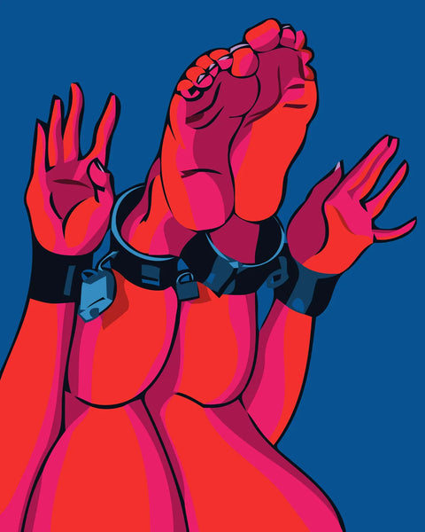 Vibrant abstract painting of red hands and feet in handcuffs