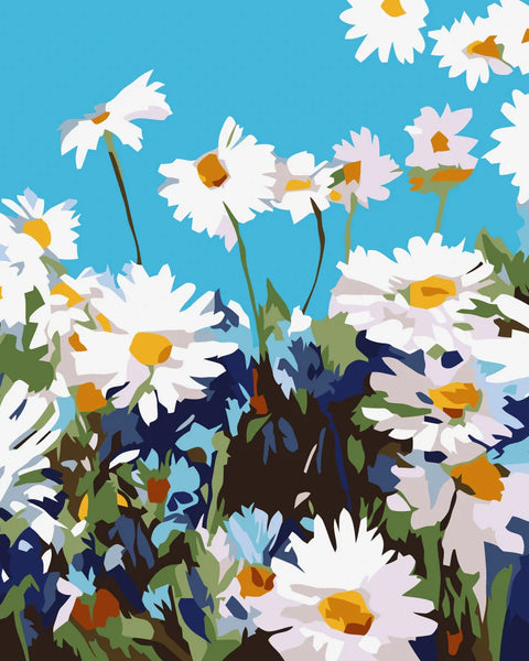 Colorful painting of white daisies with yellow centers under blue sky