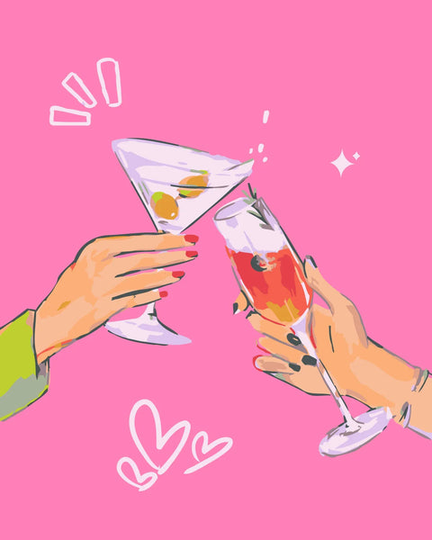 Colorful painting of two hands toasting with cocktails on pink background