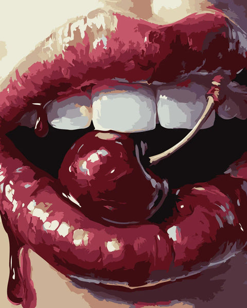 Close-up painting of glossy red lips biting a cherry
