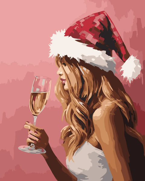 Painting of a woman in a Santa hat holding champagne
