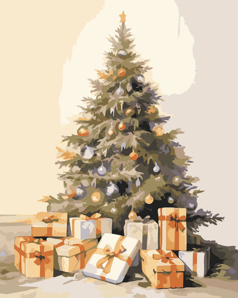 Painting of a decorated Christmas tree with presents underneath