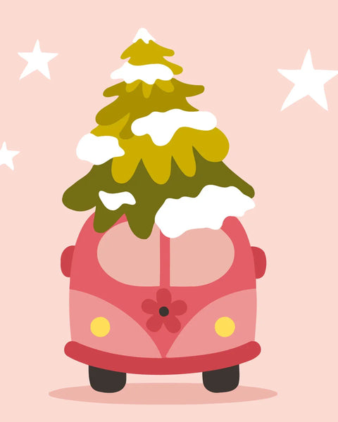 Painting of a pink van carrying a snow-covered Christmas tree