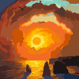 Vibrant sunset over ocean with dramatic clouds and rock formations