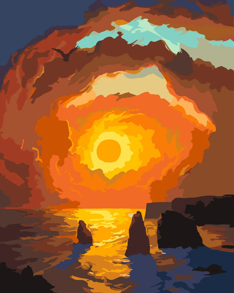 Vibrant sunset over ocean with dramatic clouds and rock formations
