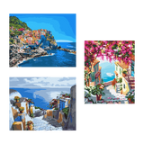 Paintings of colorful coastal villages with ocean views and flowers