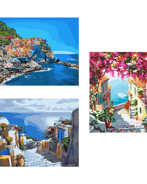 Paintings of colorful coastal villages with ocean views and flowers