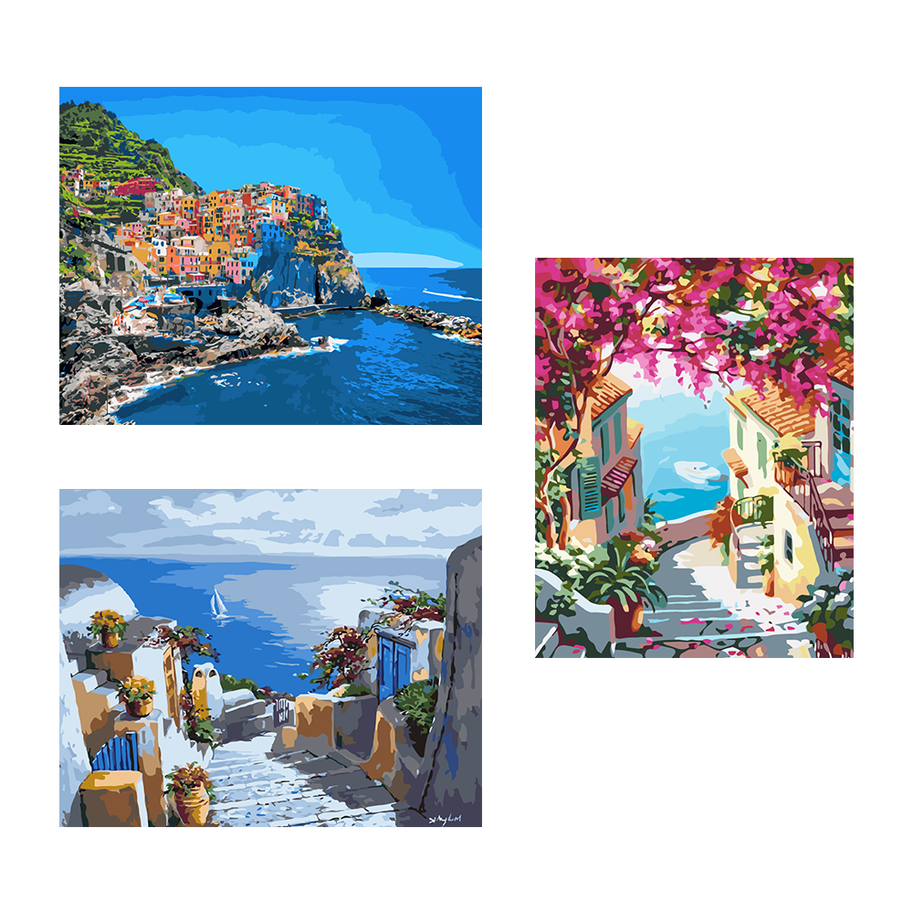 Paintings of colorful coastal villages with ocean views and flowers