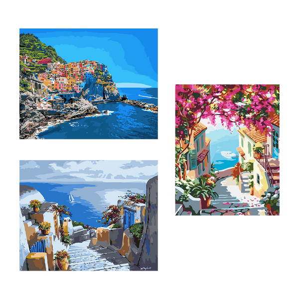 Paintings of colorful coastal villages with ocean views and flowers