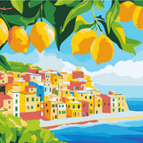 Colorful coastal village with hanging lemons and ocean view