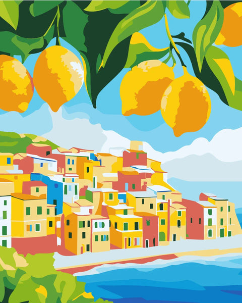 Colorful coastal village with hanging lemons and ocean view