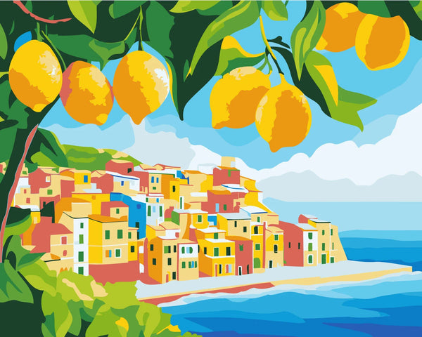 Colorful coastal village with hanging lemons and ocean view