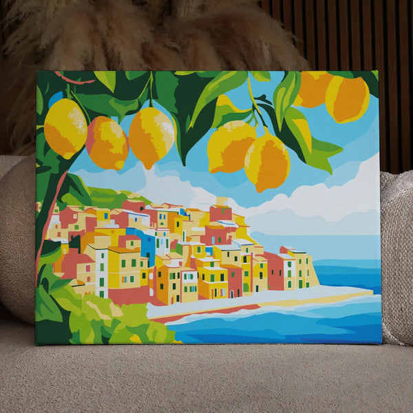 Colorful coastal village with hanging lemons and ocean view