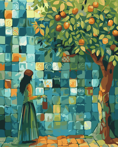 Woman painting a colorful mosaic wall under an orange tree