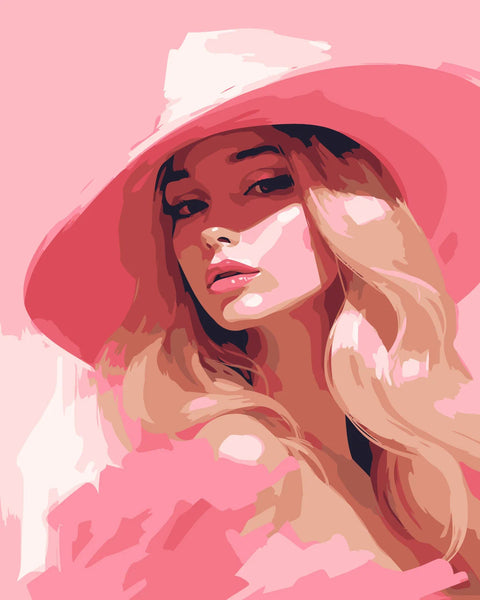 Stylish woman in pink hat and dress with glamorous expression