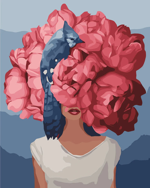 Surreal portrait of woman with floral head and blue jay