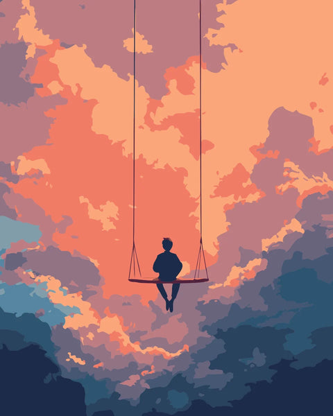 Cloud Swing Paint by Numbers Kit featuring a figure on a swing surrounded by a dreamy pastel sky.