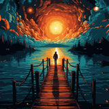Silhouetted figure on dock facing fiery cosmic sunset sky