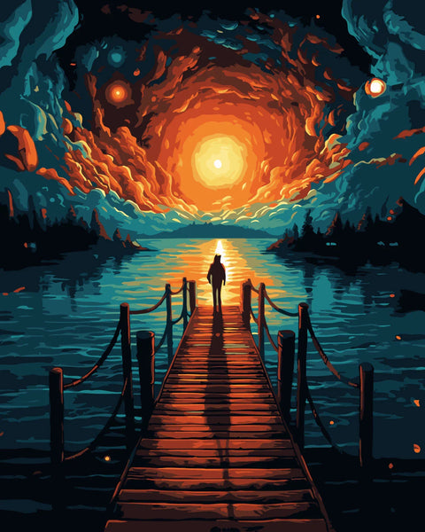 Silhouetted figure on dock facing fiery cosmic sunset sky