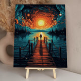 Silhouetted figure on dock facing fiery cosmic sunset sky