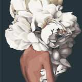 Surreal painting of a woman with large white peonies head