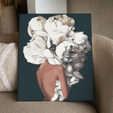 Surreal painting of a woman with large white peonies head
