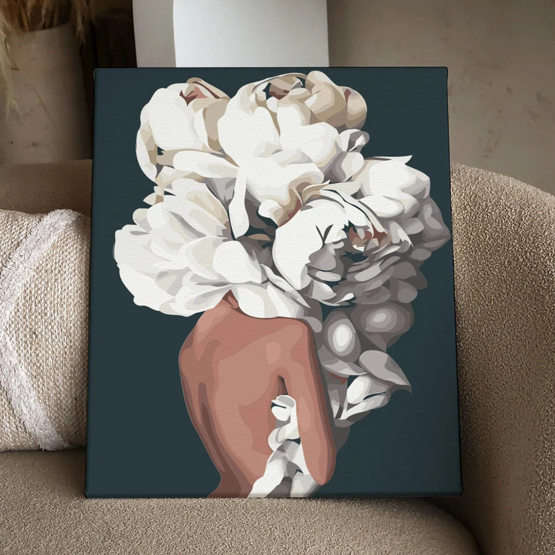 Surreal painting of a woman with large white peonies head