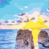 Colorful painting of a sunset over ocean cliffs with reflection