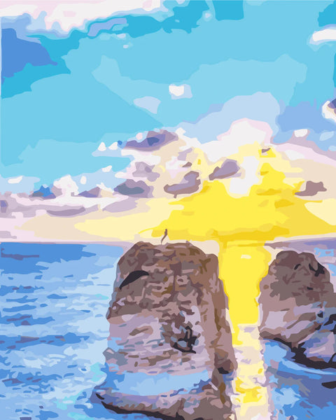 Colorful painting of a sunset over ocean cliffs with reflection