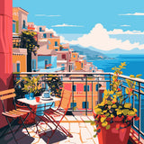 Scenic balcony view of colorful coastal town overlooking the ocean