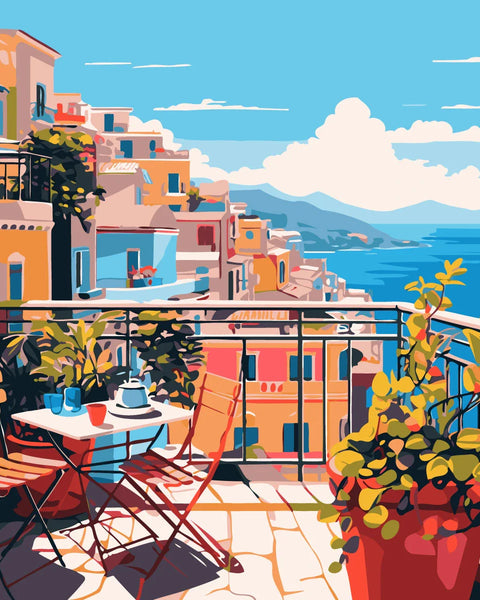 Scenic balcony view of colorful coastal town overlooking the ocean