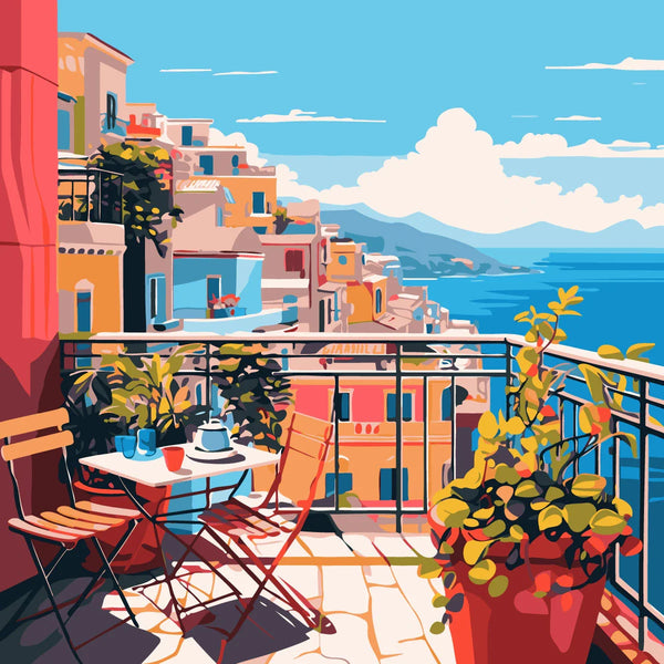 Scenic balcony view of colorful coastal town overlooking the ocean