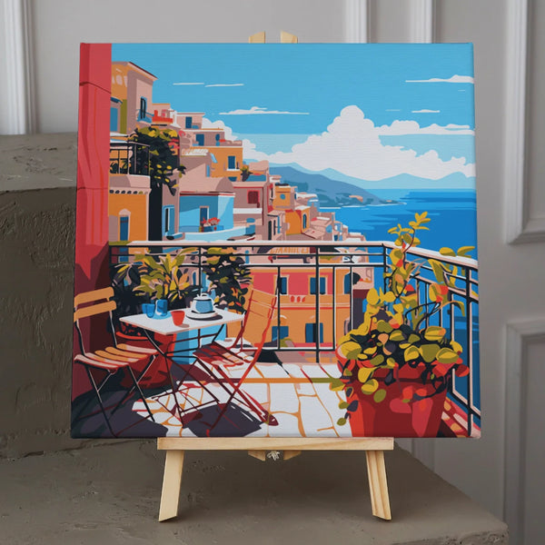 Scenic balcony view of colorful coastal town overlooking the ocean