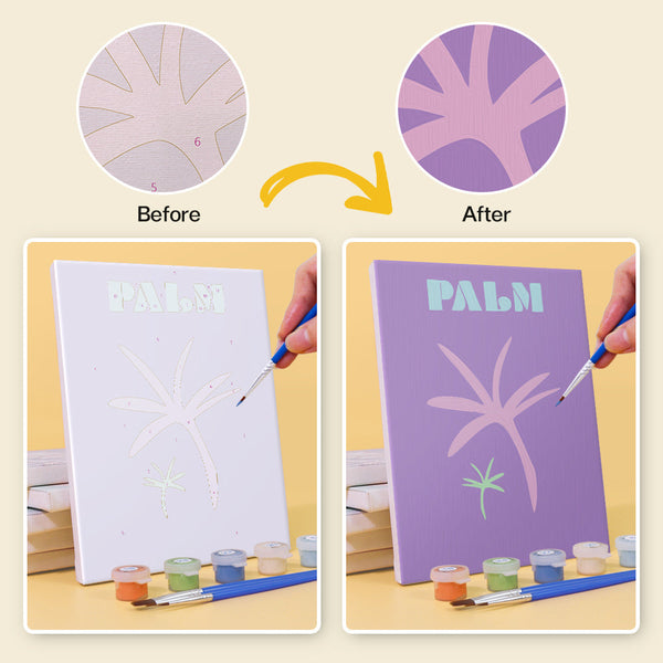 Coastal Dreams Paint by Numbers Kit by Artspark showing before and after progress of painting the Palm canvas, featuring a tropical leaf design.