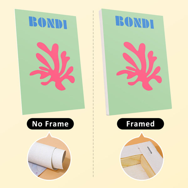 Coastal Dreams Paint by Numbers Kit by Artspark showing the Bondi canvas in two versions: no-frame rolled canvas and framed stretched canvas.