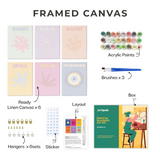 Coastal Dreams Paint by Numbers Kit by Artspark, framed canvas version with six ready linen canvases, acrylic paints, brushes, hangers, stickers, layout guide, and box.