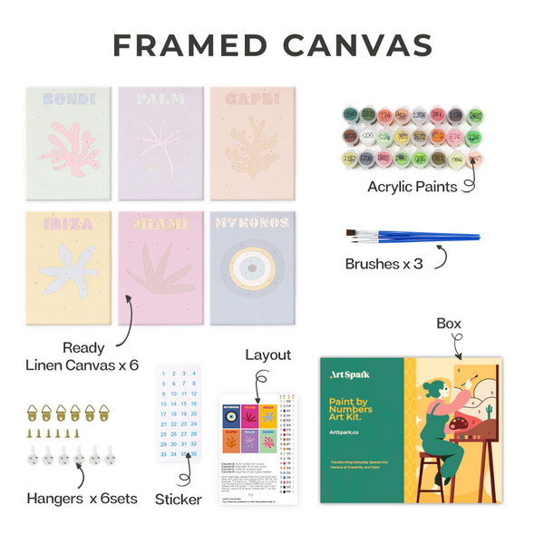 Coastal Dreams Paint by Numbers Kit by Artspark, framed canvas version with six ready linen canvases, acrylic paints, brushes, hangers, stickers, layout guide, and box.