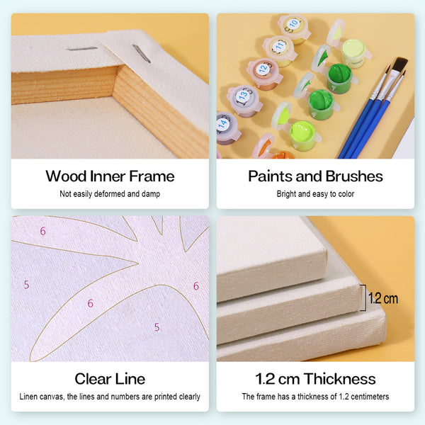 Coastal Dreams Paint by Numbers Kit by Artspark showing details: wood inner frame, bright paints and brushes, clear lines on canvas, and 1.2 cm thickness.