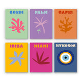 Coastal Dreams Paint by Numbers Kit by Artspark featuring six mini-canvas designs inspired by coastal destinations: Bondi, Palm, Capri, Ibiza, Miami, and Mykonos.