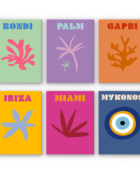 Coastal Dreams Paint by Numbers Kit by Artspark featuring six mini-canvas designs inspired by coastal destinations: Bondi, Palm, Capri, Ibiza, Miami, and Mykonos.