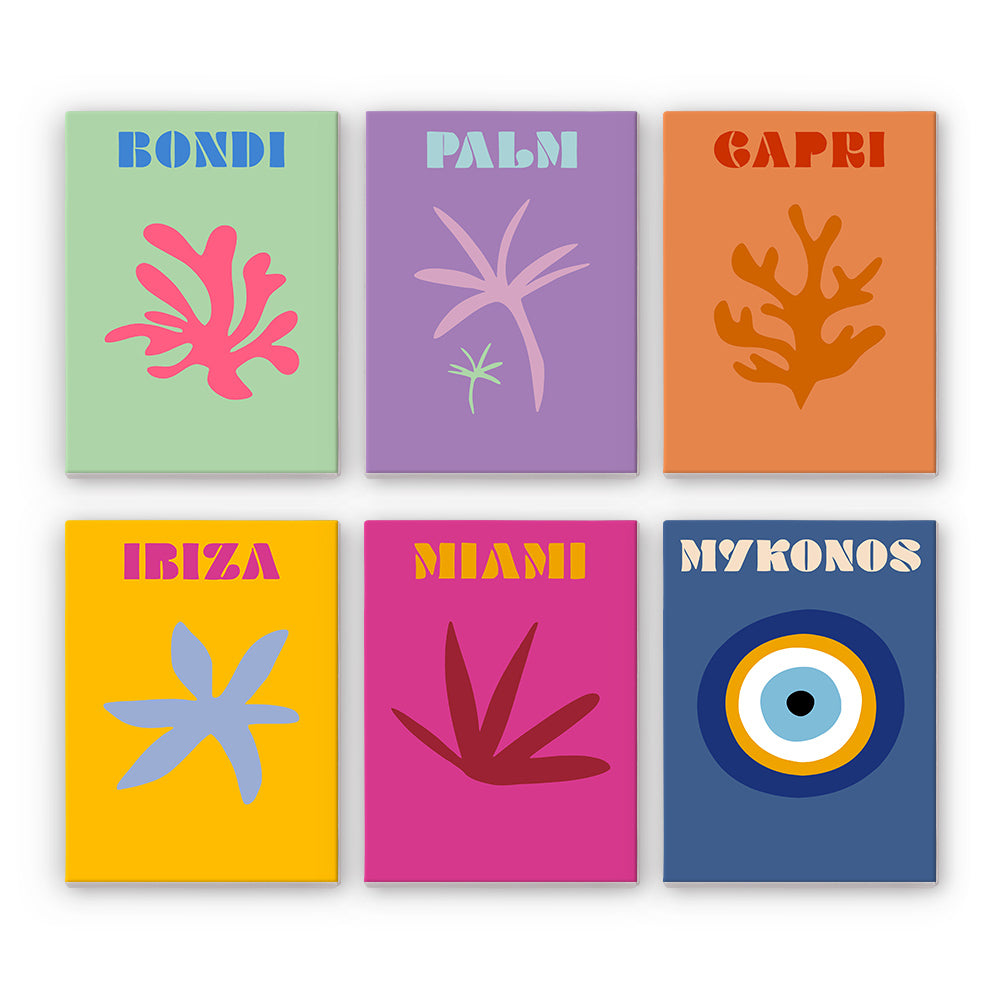 Coastal Dreams Paint by Numbers Kit by Artspark featuring six mini-canvas designs inspired by coastal destinations: Bondi, Palm, Capri, Ibiza, Miami, and Mykonos.