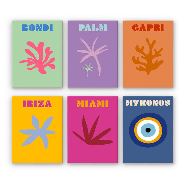 Coastal Dreams Paint by Numbers Kit by Artspark featuring six mini-canvas designs inspired by coastal destinations: Bondi, Palm, Capri, Ibiza, Miami, and Mykonos.