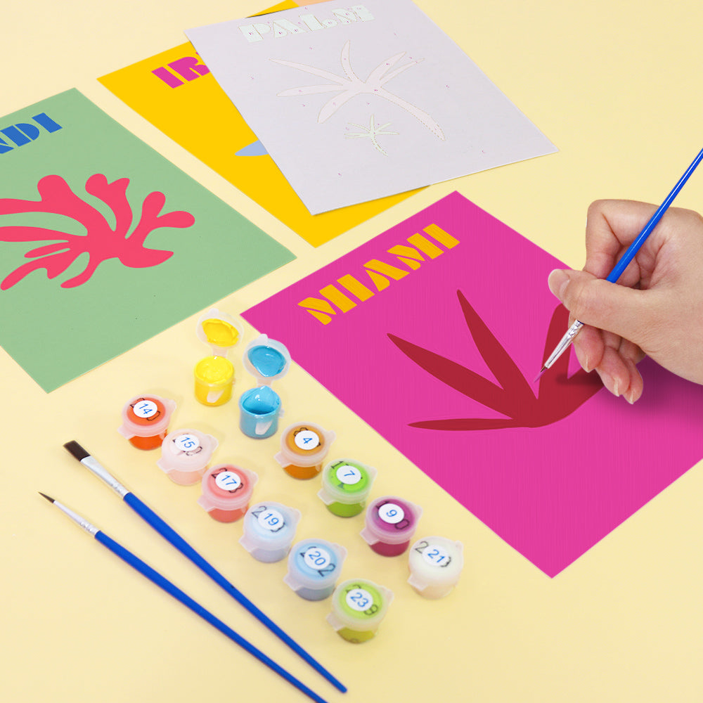 Coastal Dreams Paint by Numbers Kit by Artspark showing the painting process of the Miami canvas with paint pots, brushes, and colorful designs.