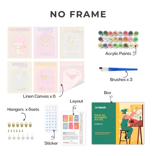 Cocktail Cuties Paint by Numbers Kit - Unframed set of six cocktail-themed canvases with accessories.