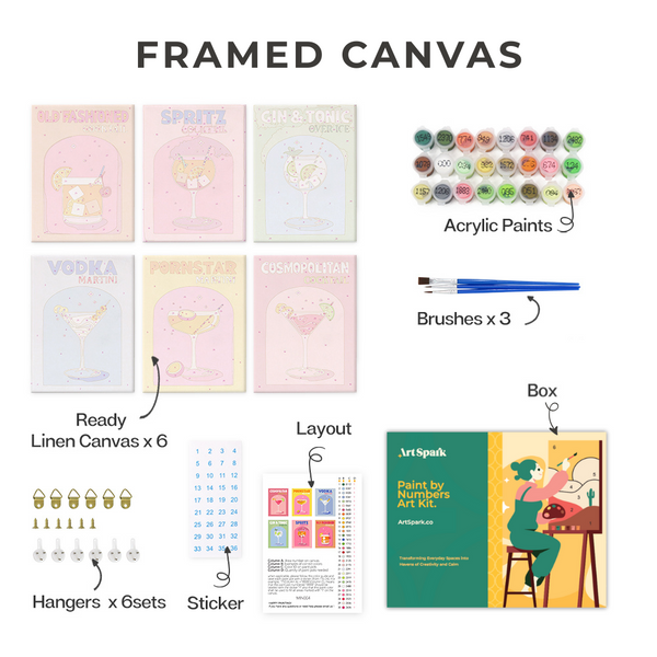 Cocktail Cuties Paint by Numbers Kit - Framed set of six cocktail-themed canvases with accessories.